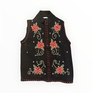 Vintage Floral Embroidered Christmas Black Sweater Vest